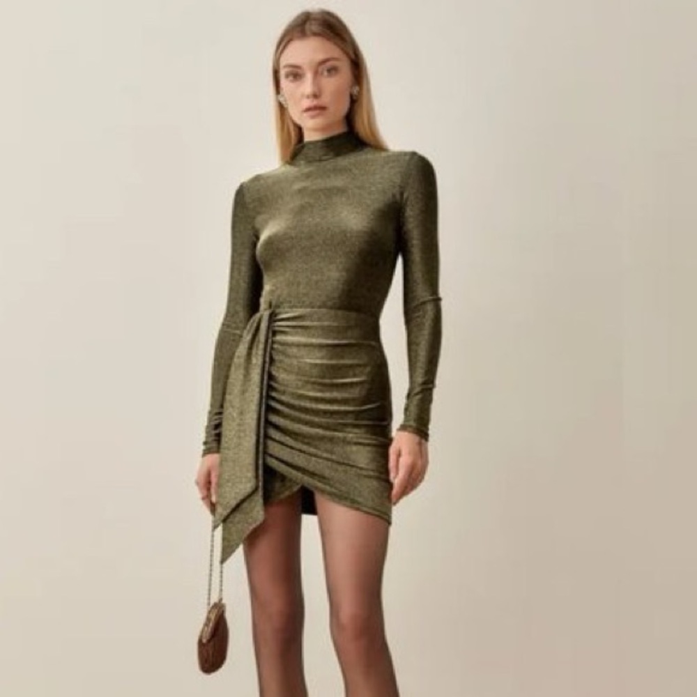 NWOT Reformation Paprika Gold Sparkle Dress Tie Accent Ruching Mock Neck size M